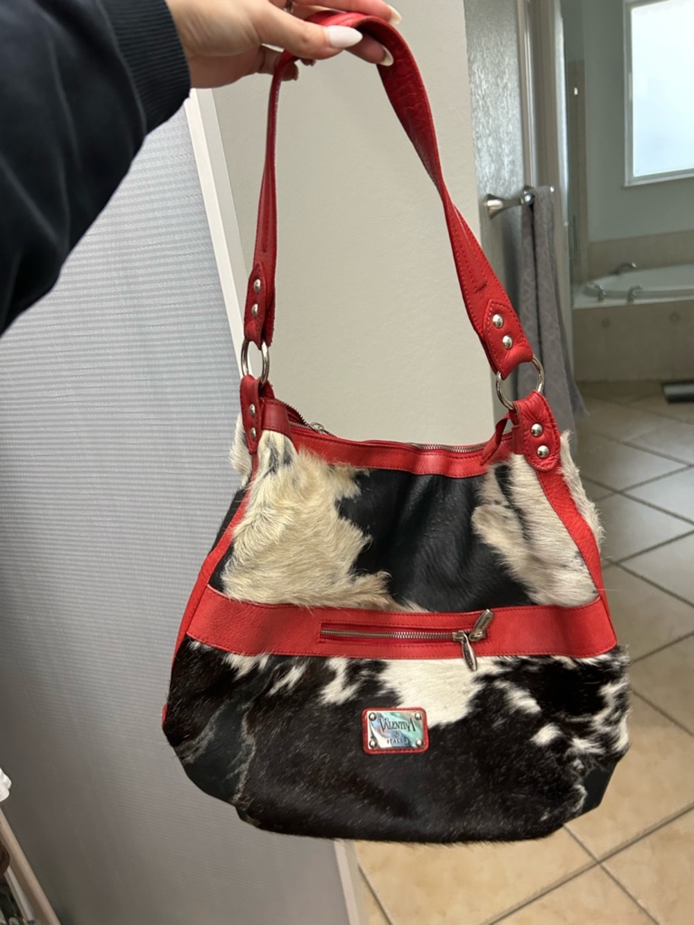 Valentina Italia Red and Black Cowhide Hobo Shoulder Bag